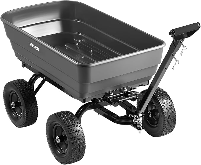 VEVOR 7 Cu.Ft 1200LBS Poly Garden Cart Dump Wagon, Heavy Duty Wheelbarrow with 2-in-1 Convertible Handle and 13" Flat Free Tires, Utility ATV Trailer Yard Dump Cart Tow Behind for Lawn Mower Tractor