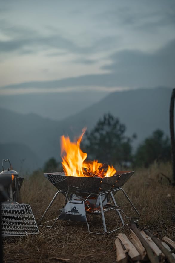 CAMPINGMOON Portable Campfire BBQ Grill 14 Inch Stainless Steel Folding Fire Pit Wood Burning Adjustable Height Outdoor Cooking RV Camping Carry Bag MT-2