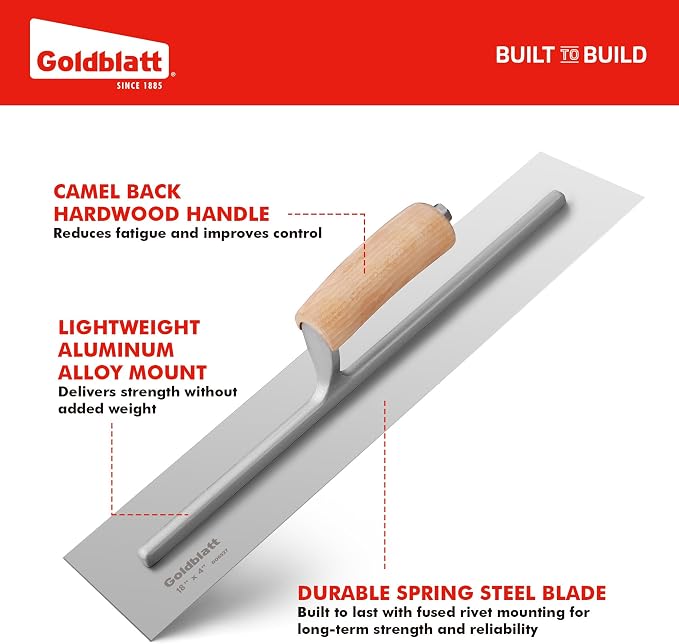GOLDBLATT 18" x 4" Finishing Trowel, Polished Blade Concrete & Plaster Trowel with Smooth Wood Handle, Hand Trowel for Cement, Plaster, Stucco & Drywall Finishing