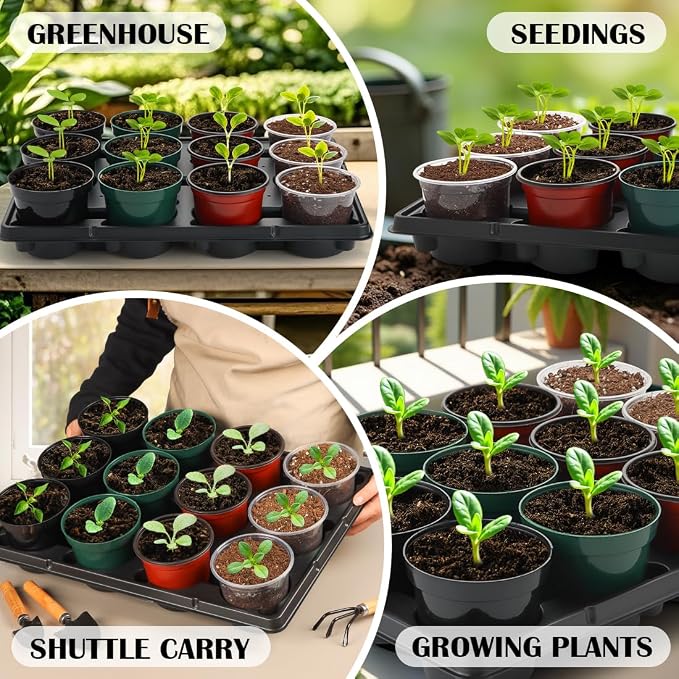 RooTrimmer 12 Cell Round Nursery Pot Trays Thickened Durable Seedling Pots Shuttle Carrying Trays for Holding 4 Inch Nursery Pots (16.85" × 12.6", 20-Pack)