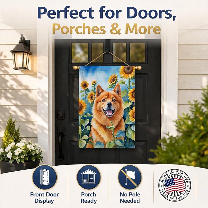Caroline's Treasures DAC6077CHF Finnish Spitz in Sunflowers House Flag Large Porch Sleeve Pole Decorative Outside Yard Banner Artwork Wall Hanging, Polyester, House Size, Multicolor