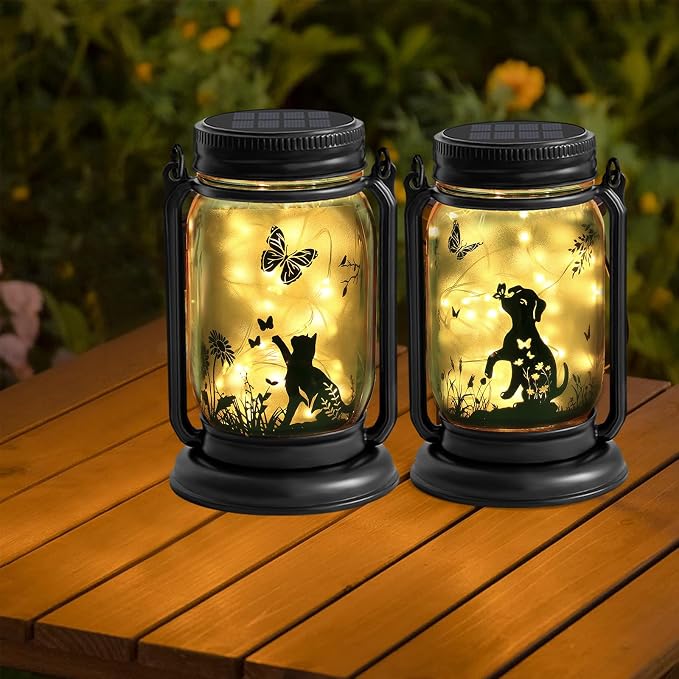 YJFWAL Solar Cat & Butterfly Lanterns Outdoor Waterproof - Cat Lover Gifts for Women Mom Grandmom Birthday Mothers Day, LED Hanging Mason Jar Fairy Lights for Garden Yard Patio Decor