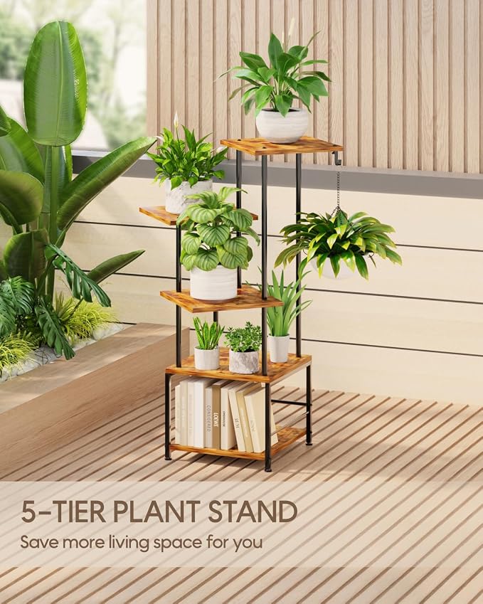 Homsorout Plant Stand Indoor - 5-Tier Metal Plant Shelf with Hanging Basket Hook, Corner Tall Flower Holder for Multiple Plants, Living Room Balcony Garden Patio, Rustic Brown