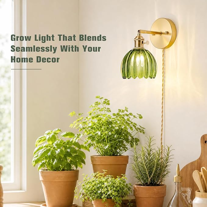 Wall Mounted Grow Lights for Indoor Plants with Vintage Tulip Glass Shade, Switch and Power Cord, Decorative Hanging Plants Light for Growing