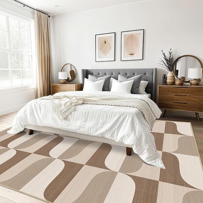 Area Rug 5x7 Modern Geometric Rug Neutral Beige Brown Abstract Mid Century Modern Rugs for Living Room Machine Washable Non-Slip Printed Low Pile Indoor Carpet for Bedroom Dining Room Office