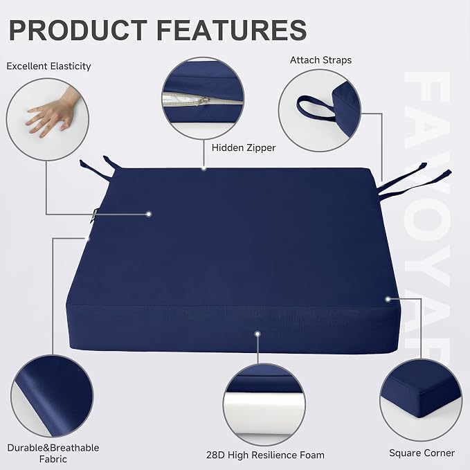Favoyard Patio Chair Cushions 20 x 20 x 3 Inch Waterproof Outdoor Seat Cushions for Patio Furniture 3-Year Color Fastness Garden Sofa Couch Pads with Handle & Adjustable Straps Set of 2, Blue