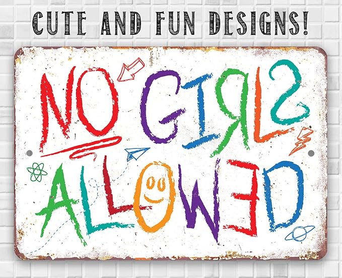 No Girls Allowed Sign - Great Playhouse and Treehouse Accessories, Tree House Decoration and Boys Bedroom Door Crayon Print Display, 12x18 Use Indoors or Outdoors Durable Metal Sign