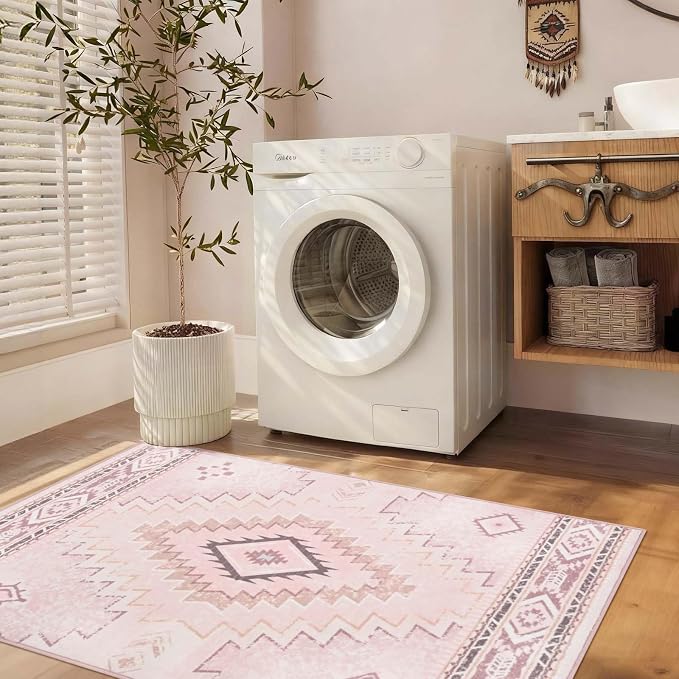 Yinhua 3x5 Pink Area Rug for Entryway, Western Washable Rug Low-Pile | Soft Moroccan Area Rugs Non-Slip with Rubber Backing, Stain Resistant Non-Shedding Carpet for Bedside Living Room