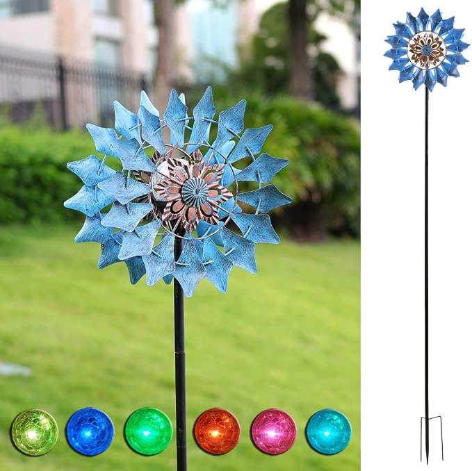 Solar Wind Spinner 75in Azure 360°Spin LED Crackle Glass Globe Garden Decor | 8H Working Color Changing Adjustable Height Upgraded 1.6cm Sturdy Metal Tool-Free Weatherproof Gift-Ready Color Box Packaging