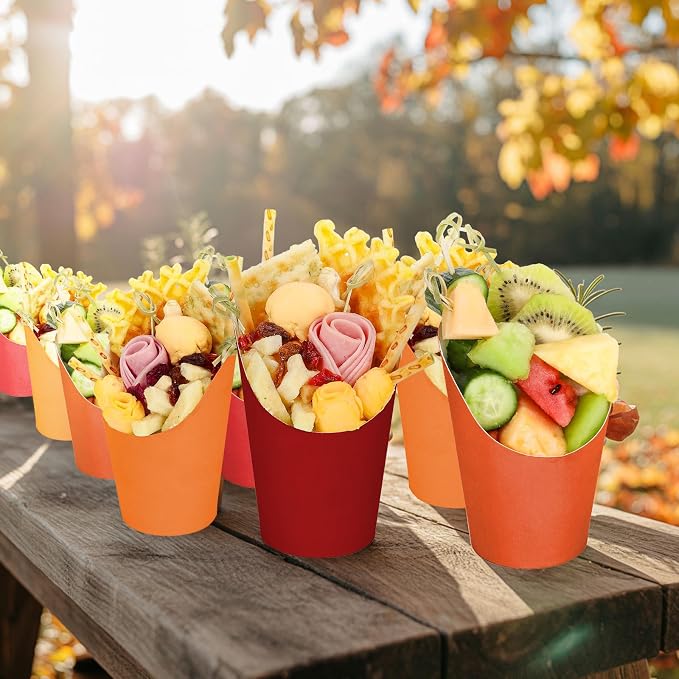 FYSUIMU 60Pcs Fall Colors Charcuterie Cups with 100Pcs Sticks 60 Plastic Treat Goodie Bags Twist Ties 14oz Orange Red French Fries Cup Holder for Home Kitchen Autumn Thanksgiving Party