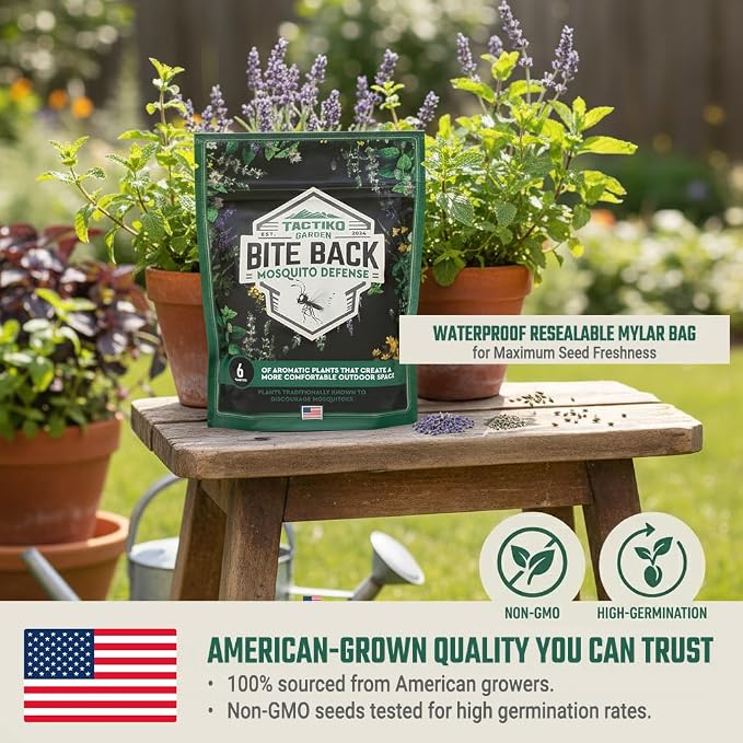 Tactiko Garden Aromatic Herb Seed Kit for Mosquito Season – 6 Individual Seed Packets for Patio & Deck - Lavender, Lemongrass, Marigold, Catnip, Lemon Balm. Basil – Starter Kit with 6 Coir Soil Discs