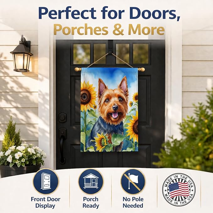 Caroline's Treasures DAC6015CHF Australian Terrier in Sunflowers House Flag Large Porch Sleeve Pole Decorative Outside Yard Banner Artwork Wall Hanging, Polyester, House Size, Multicolor