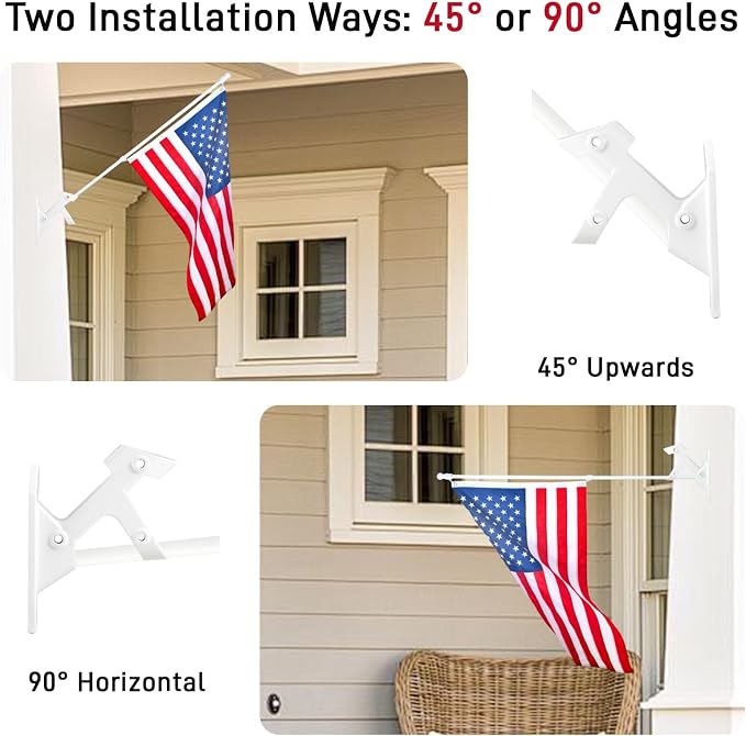White Flag Pole for Outside House, 6 FT Stainless Steel No Tangle Spinning Residential Flagpoles & Two-Position Flag Pole Holder Brackets Mounting for USA Outdoor Flags for Porch(Without Flag)