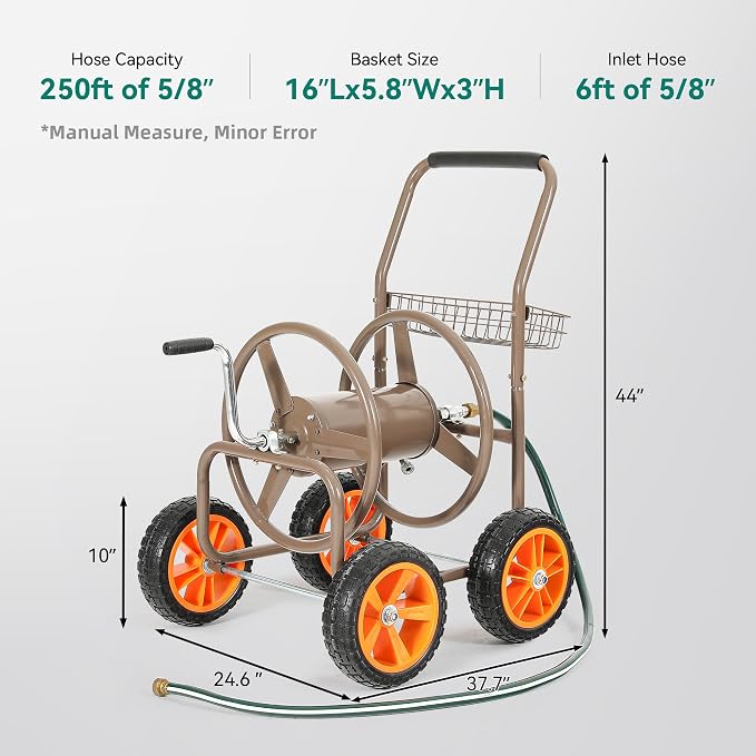2026 Upgraded Hose Reel Cart with 10" NO-FLAT TIRES, Heavy Duty Industrial Tangle-Free Garden Water Hose Reel with Storage Basket, Holds 250 ft of 5/8" Hose, Heavy-Duty Steel Frame for Lawn Yard
