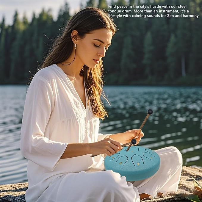 Rain Drum for Outside Garden, 8-Inch Steel Tongue Drum with 11 Notes, Percussion Instrument, Includes Packing Bag, Music Book, and Mallets, Ideal for Meditation, Yoga, and Relaxation