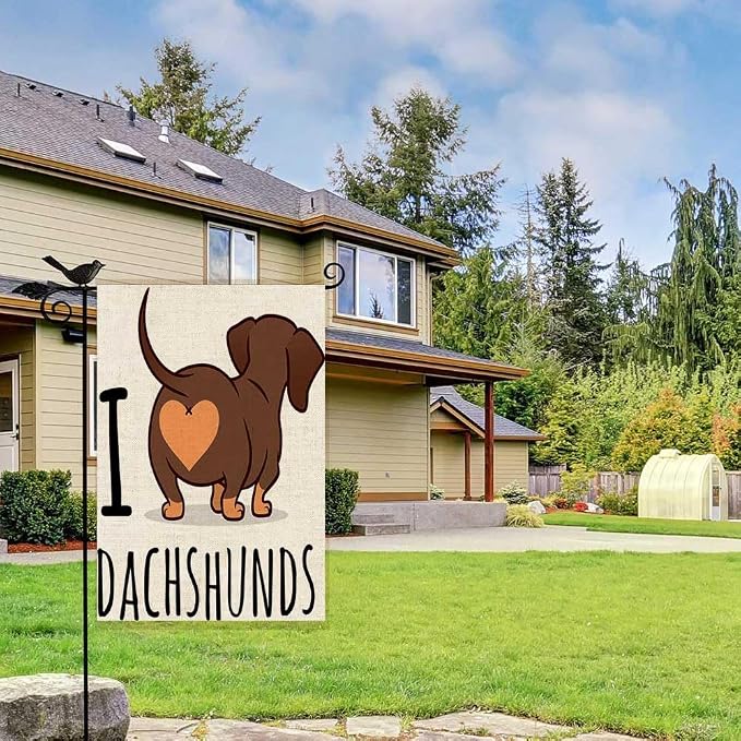 EMMTEEY Dachshund Art Garden Flag Double Sided Burlap Decoration 12.5x18 for Yard Outdoor Decor Garden Flag cute Dachshund Dog Cartoon Isolated on White Love Chocolate and Tan Wiener Sausage Rear