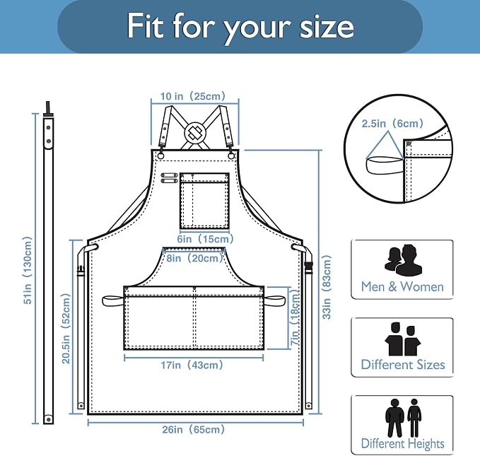 Kitchen Apron, Work Apron, Canvas Apron, SkyBlue | Multiple Pockets, Gardening, Painting, BBQ, Carpenter, Sizes M to XXL