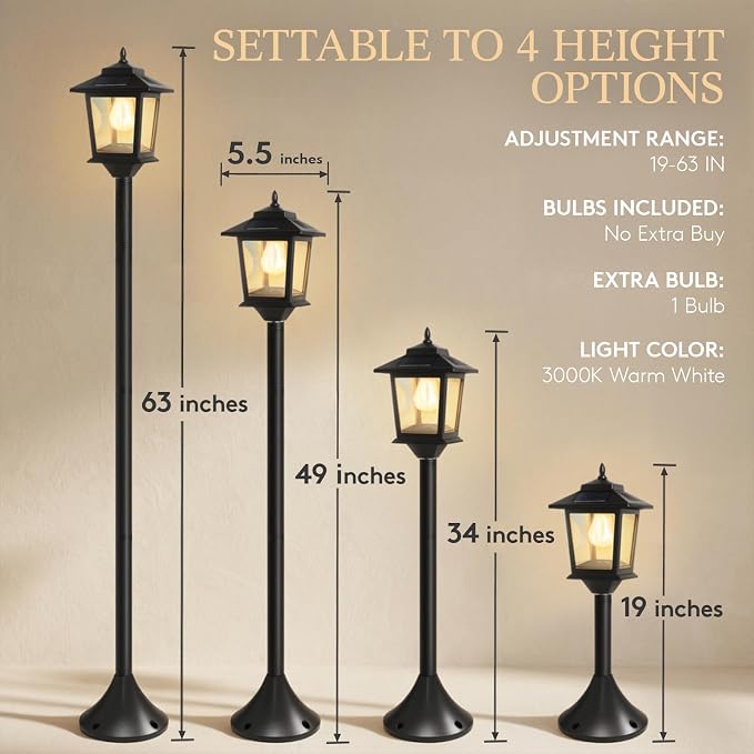 PASAMIC Outdoor Solar Post Lights, 2-Pack 63" Dusk to Dawn Solar Lamp Posts, Waterproof Floor Lamps, Warm White Pole Lights for Patio with Replaceable Bulb