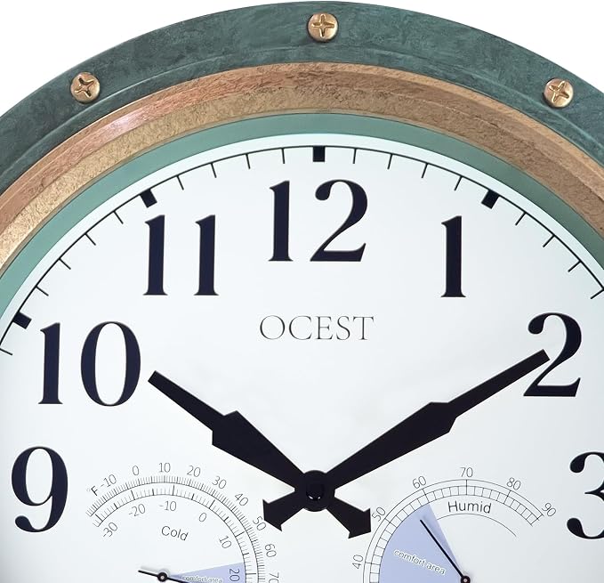 OCEST 16 Inch Indoor Outdoor Clock, Waterproof Wall Clock with Thermometer Hygrometer, Silent Non-Ticking Battery Operated Decor for Home Decor, Patio(Retro Green)