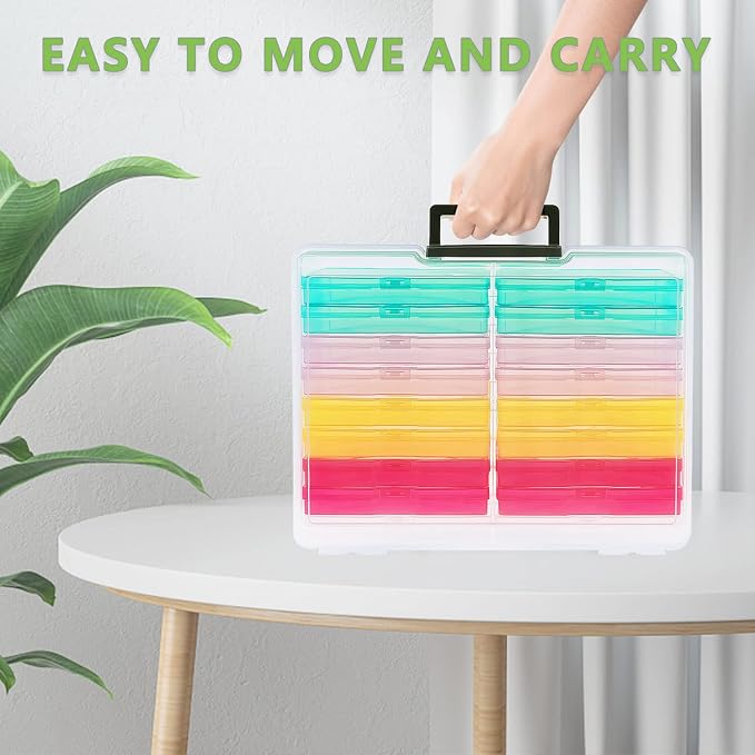 Photo Storage Box 5" x 7", 18 Inner Extra Large Photo Organizer Container, Plastic Craft Storage Box with Handle for Pictures Stickers Stamps Seeds