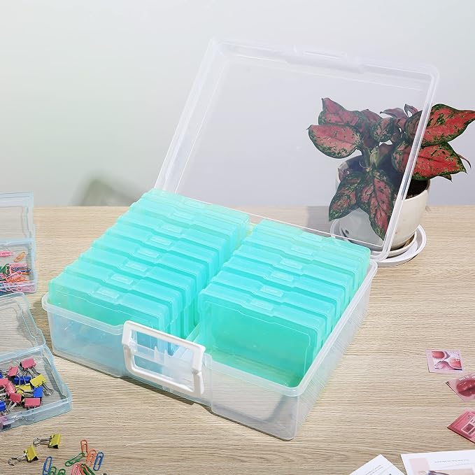4" x 6" Photo Storage Case with Handle, 16 Inner Photo Organizer Keeper, Extra Large Storage Picture Boxes, Seed Storage, Transparent Craft Keeper (Green)