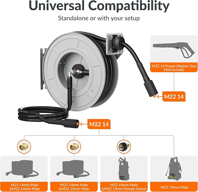 Giraffe Tools Retractable Pressure Washer Hose Reel 65ft, 2600PSI | Pressure Hose Reel, Wall/Floor Mounted