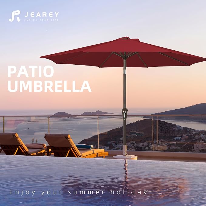 JEAREY 10FT Outdoor Patio Umbrella Outdoor Table Umbrella with Push Button Tilt and Crank, Market Umbrella 8 Sturdy Ribs UV Protection Waterproof for Pool, Garden (Red)