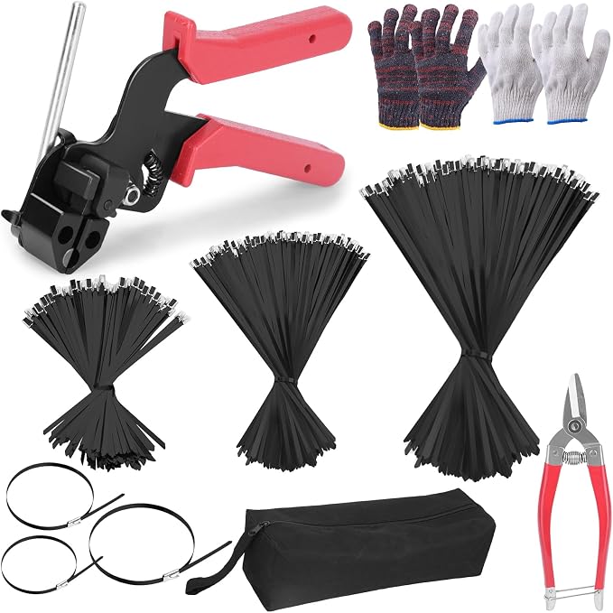 400PCS Metal Zip Ties Gun Kit, 6/8/12 Inch Heavy Duty Metal Zip Ties, Multi-Purpose Self-Locking Cable Tie Tool Set for Vehicles Farms Plants Fences Pipe Bundling, Scissors