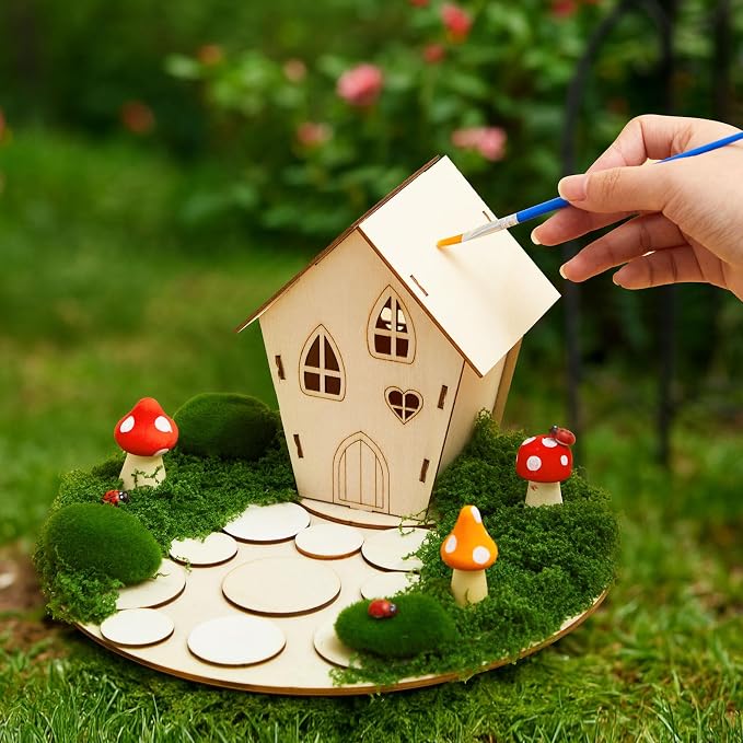 Kathfly 10 Sets Wooden Fairy House DIY Craft Kit for Kids with Paints & Decorations, Unpainted Miniature Garden Accessories for Home Event Party Decorations, Arts Birthday Party Favor (Fairy House)