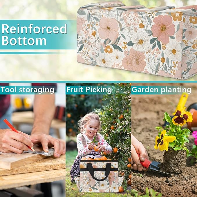 Garden Tote Bag with 10 Pockets Vintage Flowers Heavy Duty Gardening Bags for Tools Organizer Storage Bag with Handle for Garden Lawn Yard Casual