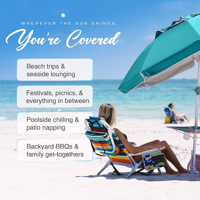 AMMSUN 7ft Heavy Duty High Wind Beach Umbrella with sand anchor, Built-in Table Tray & Tilt Pole, Air Vent, UPF 50+ Windproof Portable Outdoor Umbrellas Carry Bag for Patio Garden Pool Backyard (Teal)