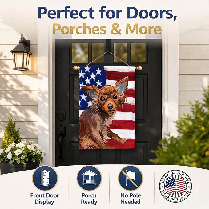 Caroline's Treasures CK6680CHF Russian Toy Dog American Flag House Flag Large Porch Sleeve Pole Decorative Outside Yard Banner Artwork Wall Hanging, Polyester, House Size, Multicolor