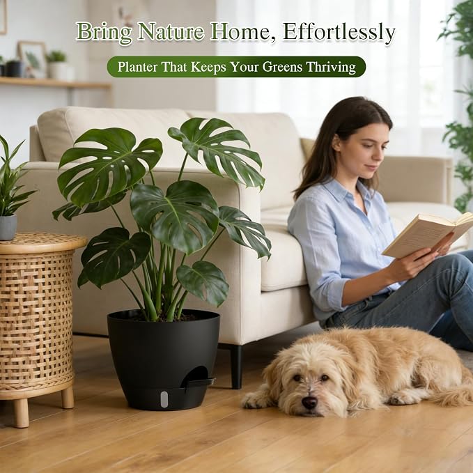 Plant Pots, 1 Pack 12 Inch Self Watering Pots with Drainage Holes, Water Level Indicator Deep Reservoir, Large Planters for Indoor Outdoor Plants - Black