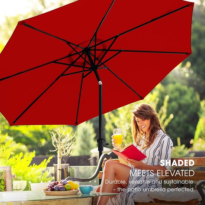 wikiwiki 9FT Patio Umbrella with Base, Outdoor Umbrellas with Base Included, 8 Sturdy Ribs, Waterproof Fade Resistant POLYESTER DTY Canopy for Deck, Lawn, Garden, Backyard & Pool, Red