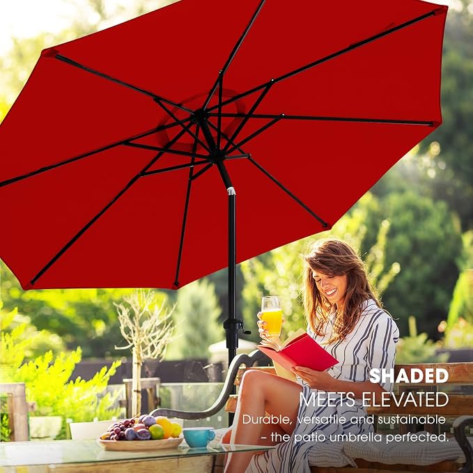 wikiwiki 10FT Patio Umbrella with Base, Outdoor Umbrellas with Base Included, 8 Sturdy Ribs, Waterproof Fade Resistant POLYESTER DTY Canopy for Deck, Lawn, Garden, Backyard & Pool, Red