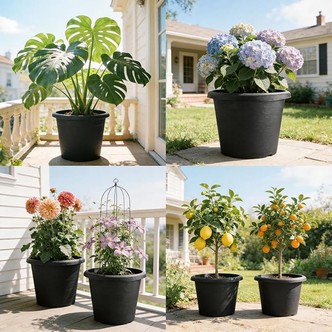 4 Pack 16 Inch Large Planters for Outdoor Plants, Heavy-Duty Plastic Plant Pots with Drainage Holes - 30L Capacity Indoor Outdoor Flower Pots, 16" Diax12" Tall, Cement Textured Patio Garden Containers