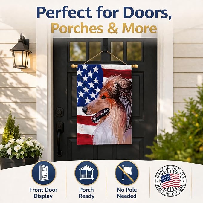 Caroline's Treasures CK6694CHF Scotch Collie Dog American Flag House Flag Large Porch Sleeve Pole Decorative Outside Yard Banner Artwork Wall Hanging, Polyester, House Size, Multicolor