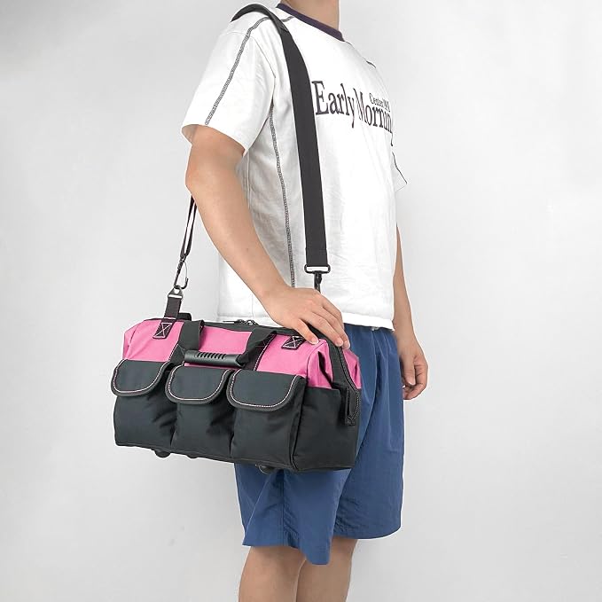 16-inch for women purple tool box Non-slip feet adjustable shoulder strap 14 functional insert pockets,large capacity Men's heavy-duty toolbox,for electricians, carpentry,gardening (Pink)