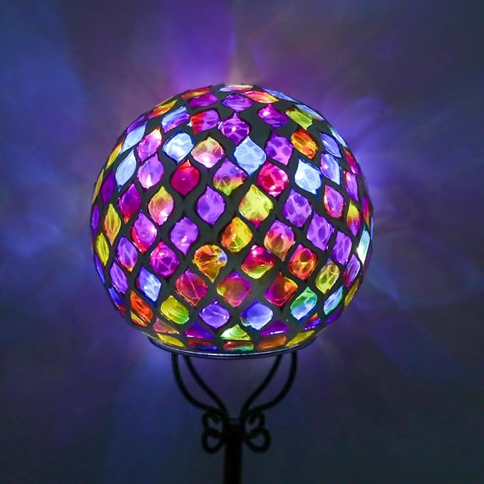 VCUTEKA Decorative Solar Garden Lights, 6" Mosaic Globe Outdoor Stake | Mosaic Glass Design with Solar Light, Weather Resistant, Auto On/Off and Metal Stake Design For Lawn and Patio, Red