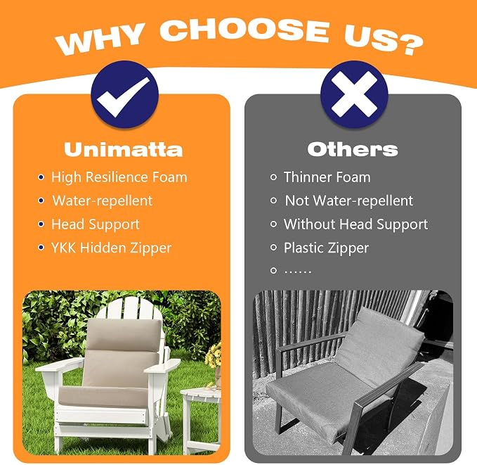 Unimatta Outdoor Separate High Back Chair Cushion Seat Pads, 2-Pack 44 x 21 Inch Water-Repellent & Fade-Resistant Patio Furniture Cushions with Ties for Adirondack, Rocking Chairs, Tan