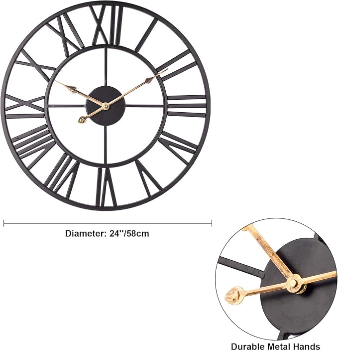ADecor Outdoor Clocks for Patio, Large Outdoor Pool Clock, Vintage Metal Outdoor Clock Silent Battery Operated, European Industrial Skeleton Wall Clock for Backyard/Garden/Fence, 24 in