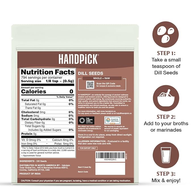 HANDPICK Dill Seeds (397g/14oz) Non GMO, Gluten Free, 100% Raw, Sourced from India, For Cooking, Drinks, Packed in Resealable Ziplock Pouch | For Pickling