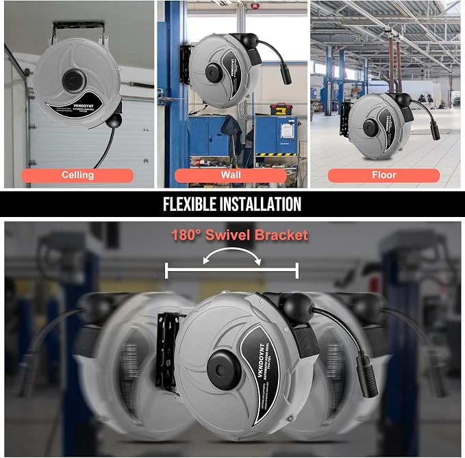 Retractable Air Hose Reel, 1/4 in x 50 FT Hybrid Polymer Hose, Air Compressor Hose Reel with 5 ft Lead in, Ceiling/Wall Mount Enclosed Air Reel, 180° Swivel Mount, Gray/Black