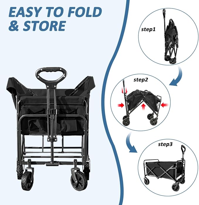 Collapsible Utility Cart Folding Wagon, 320lbs Capacity Lightweight Rolling Cart with Quiet Wheels, Quick-Fold Design for Camping, Shopping, Ourdoor Use, Black
