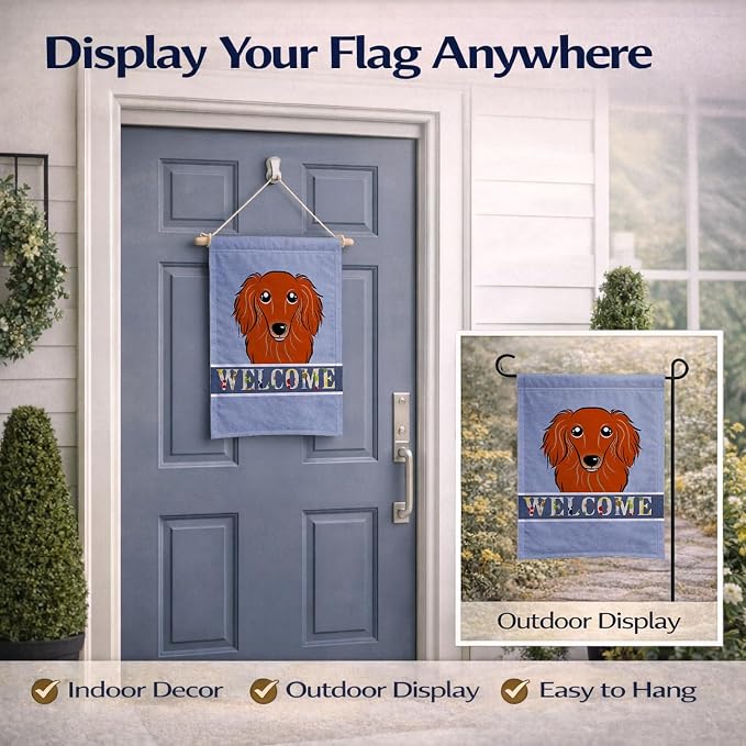 Caroline's Treasures BB1400GF Longhair Red Dachshund Welcome Garden Flag, Blue Mailbox Flag Decorative Yard Flag Banner Outside Patio Artwork Yard Flower Beds, Garden Size, Multicolor