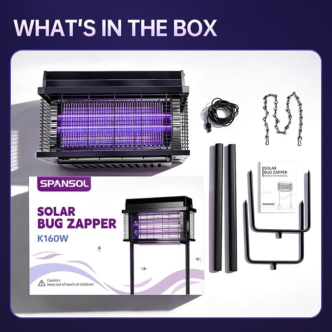 Solar Bug Zapper Outdoor, Purple UV Mosquito Zapper with Smart Rain Off Rechargeable Mosquito Killer Lamp, Wireless Solar Powered Fly Trap for Yard Patio RV (Pure Black)