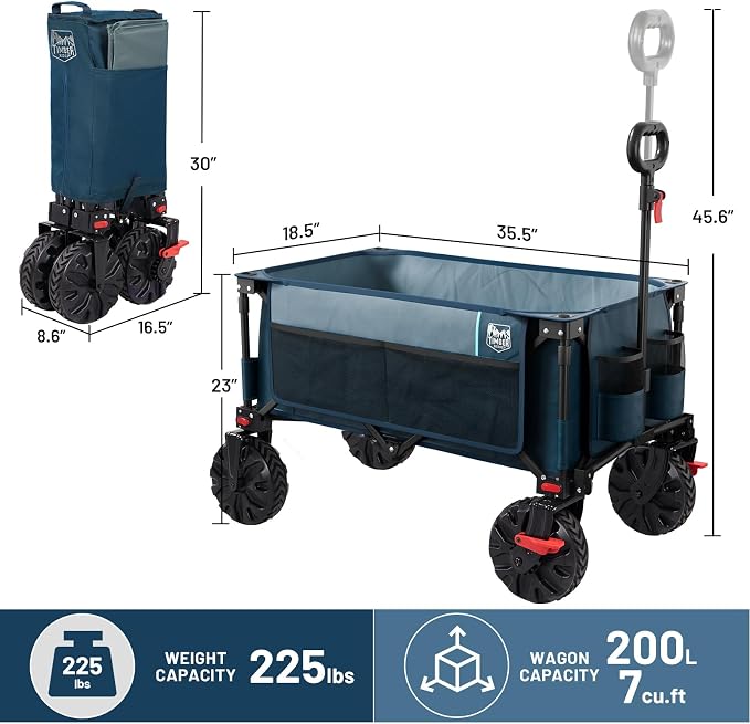 Timber Ridge Collapsible Wagon with Brakes Utility Folding Cart Heavy Duty All Terrain Wheels for Outdoor Shopping Camping Sports Garden with Side Bag and Cup Holders, Blue