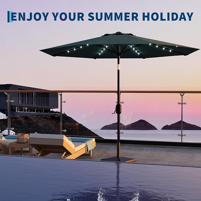 Patio Umbrella with Solar Lights, Outdoor Table Umbrella with 8 Durable Ribs, Tilt & Crank Mechanism, Water & UV Protection Sun Shade Umbrella for Garden, Poolside, Backyard (Turquoise, 10 FT)