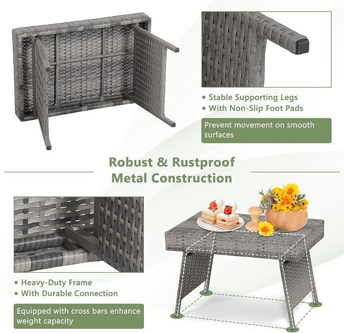 HAPPYGRILL Outdoor Wicker Table Folding Rattan Standing Coffee Side Table for Patio Lawn Bistro Poolside Garden