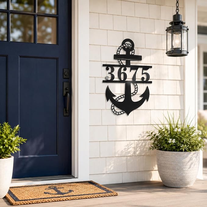 Personalized Anchor Address Sign Custom House Number Plaque Nautical Address Marker for Front Door Porch Patio Dock Beach House Lake House Coastal Outdoor Decor Gift